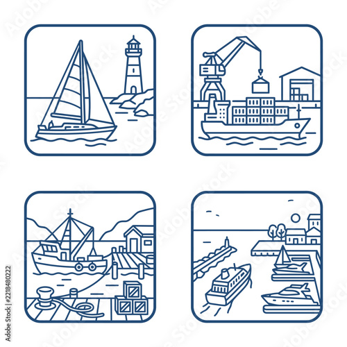 Set of four linear maritime and nautical icons featuring ships and harbor scenes.