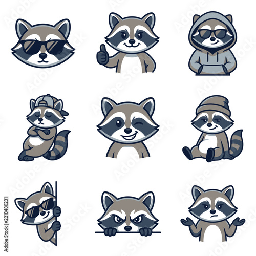 Set of cute raccoon characters with various emotions and accessories.