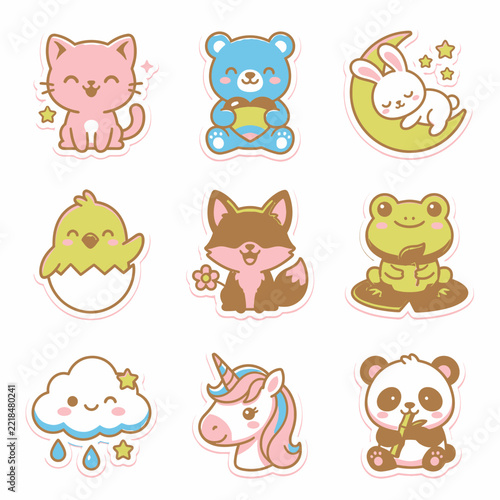 Set of cute kawaii style animal and nature character stickers.