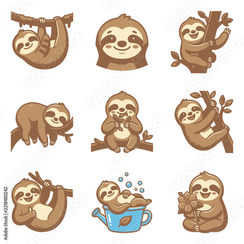 Set of cute cartoon sloth characters in various poses and activities.