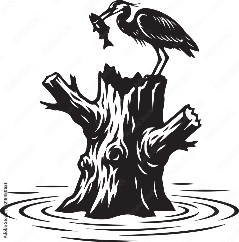 Fototapeta premium Vintage heron silhouette standing on tree stump with fish, monochrome linocut bird vector emblem, rustic wildlife woodcut logo design
