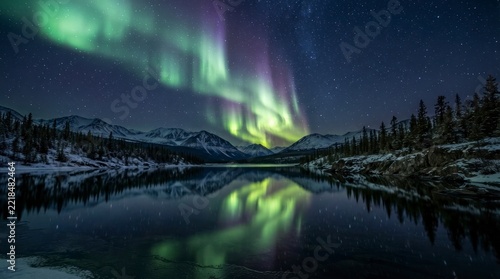 Stunning Aurora Dancing Over Snowy Mountain Lake Reflection.