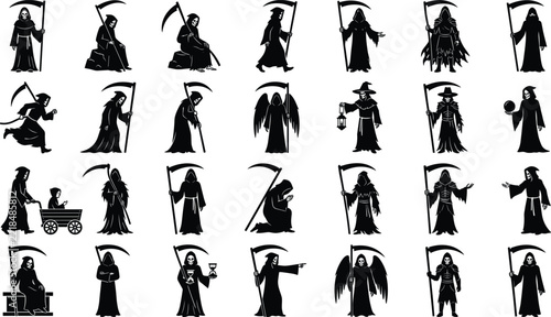 Obraz na plátně Grim Reaper silhouette vector icon set featuring spooky death figures scythe sym