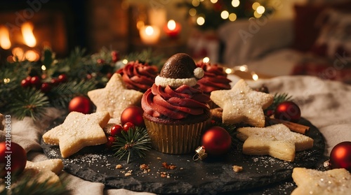Festive Christmas Cookies and Decorations on a Cozy Platter