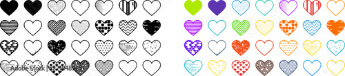 Heart shapes doodle icons with various patterns for love, romance and emotion with colorful variations.