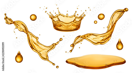 Set of golden liquid splashes and drops isolated on transparent background
