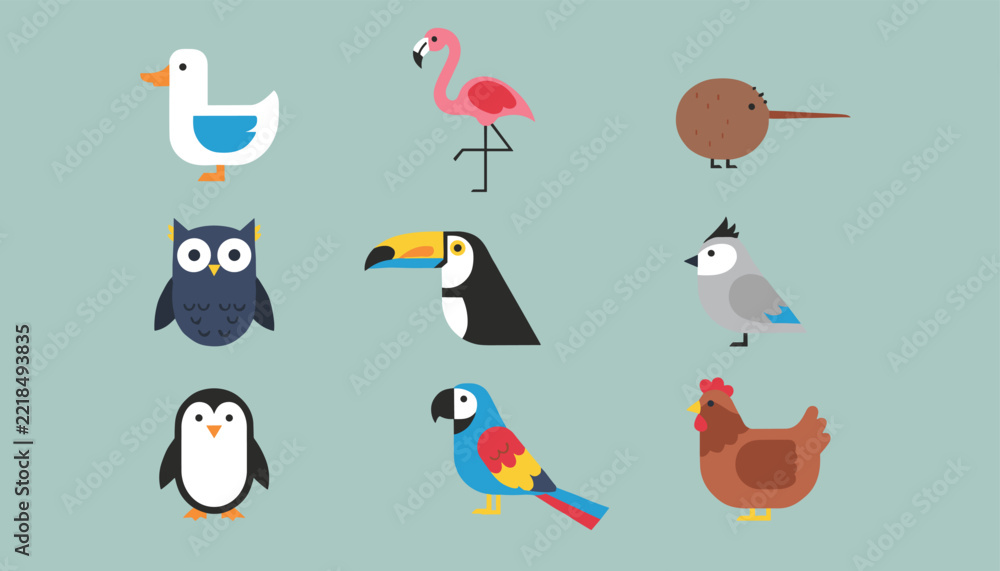 Fototapeta premium Nine cute bird icons in flat design including a duck, flamingo, toucan, owl, penguin, parrot, and chicken.