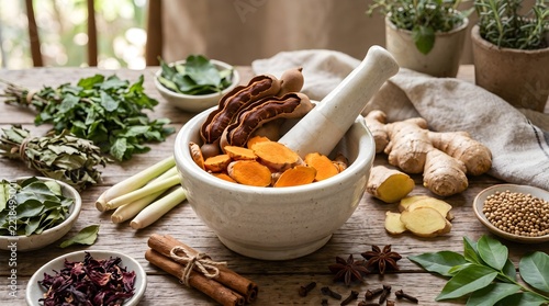 Preparation of Traditional Herbal Remedies with Spices in a Rustic Kitchen