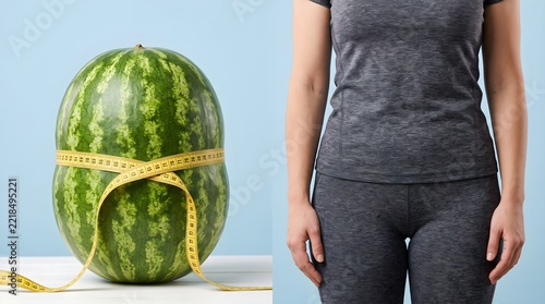 Conceptual Diet and Fitness Comparison: Watermelon with Tape Measure and Fit Person