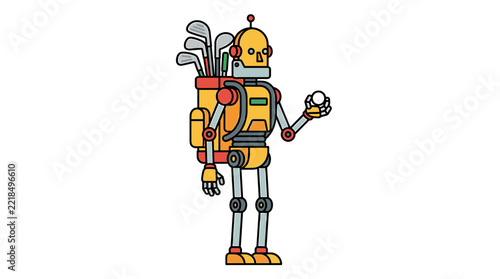 Yellow golf robot carrying clubs and ball.