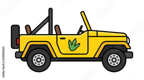 Yellow safari jeep with dinosaur logo.