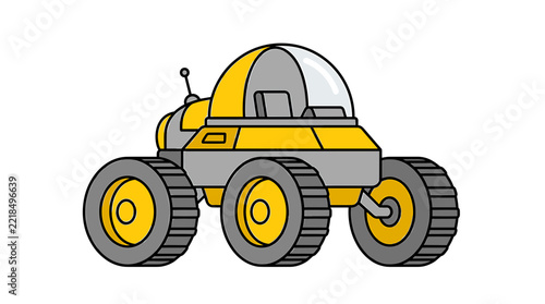Yellow space rover vehicle with large wheels and dome.