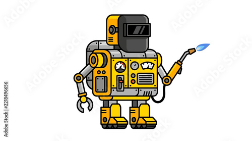 Yellow welding robot with mask and blue flame