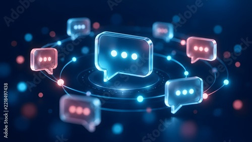 Conceptual digital communication network featuring glowing 3D speech bubbles and interconnected data nodes on a dark futuristic background, representing social media or AI chatbot technology.