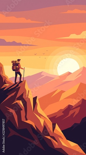 Man Silhouette Watching Sunset Over Mountain and Desert Landscape with Orange Sky, Clouds and Sunlight, Nature Travel and Adventure Vector Illustration