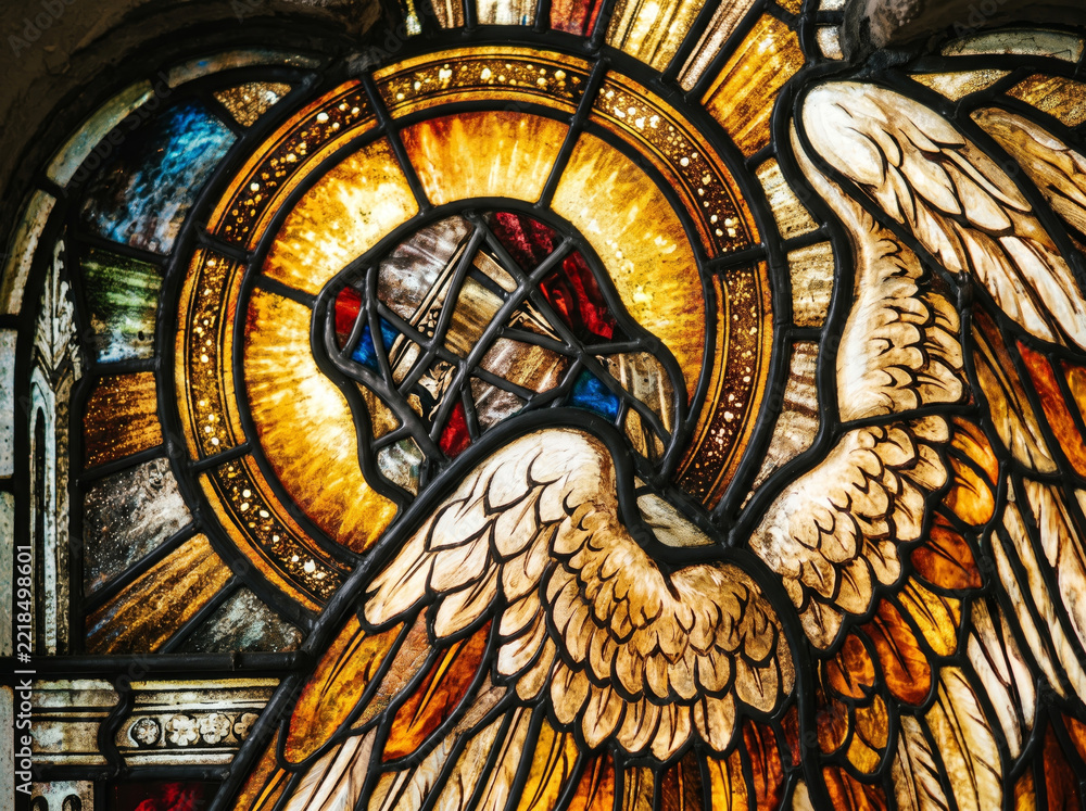 Fototapeta premium Colorful Stained Glass Artwork Depicting Praying Holy Angel