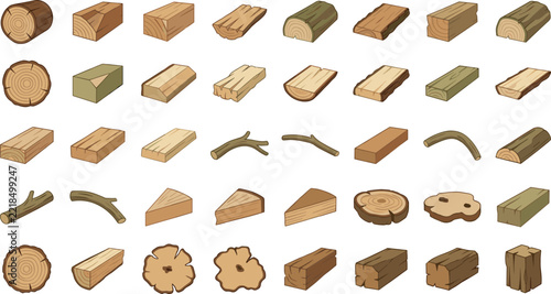 Collection of wooden planks and cut logs for carpentry and construction projects using brown natural textures