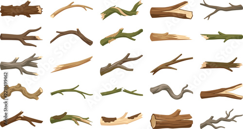 Wooden sticks and broken branches in different shapes and shades of brown for nature themed craft project assets