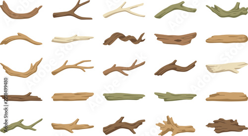 Wooden sticks collection set with various brown and green twigs for forest nature background design and composition