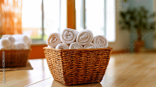 collection of clean cotton cleaning rags neatly rolled in a wicker basket.