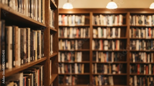 Warm light illuminates a row of tall, dark wooden bookshelves filled with numerous books. The shelves create a cozy and inviting atmosphere.