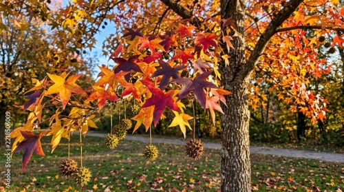 American sweetgum tree displays vibrant colorful autumn foliage and fruits