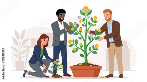 Diverse business team planting and nurturing a money tree symbolizing investment growth, financial success, and teamwork.