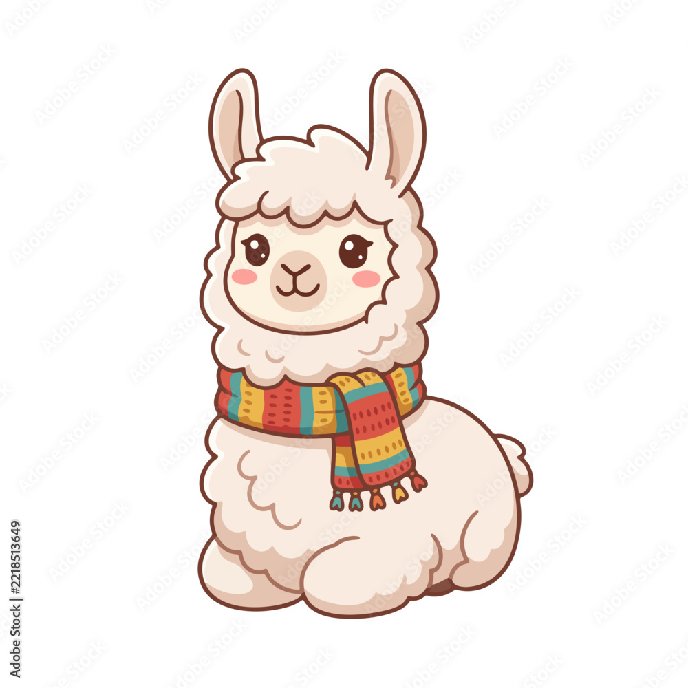 Fototapeta premium Cute fluffy llama wearing a colorful winter scarf 