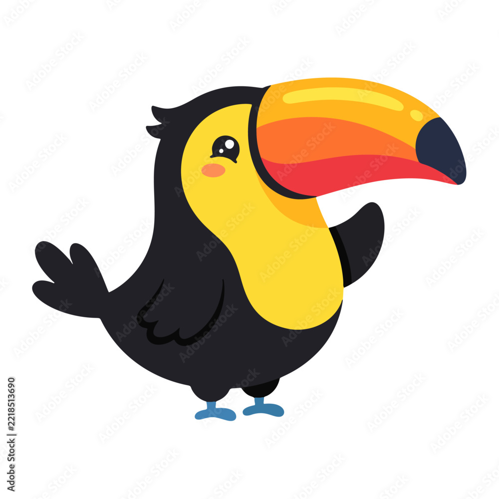 Fototapeta premium Cute cartoon toucan character with a large colorful beak waving hello in a playful and friendly vector illustration design
