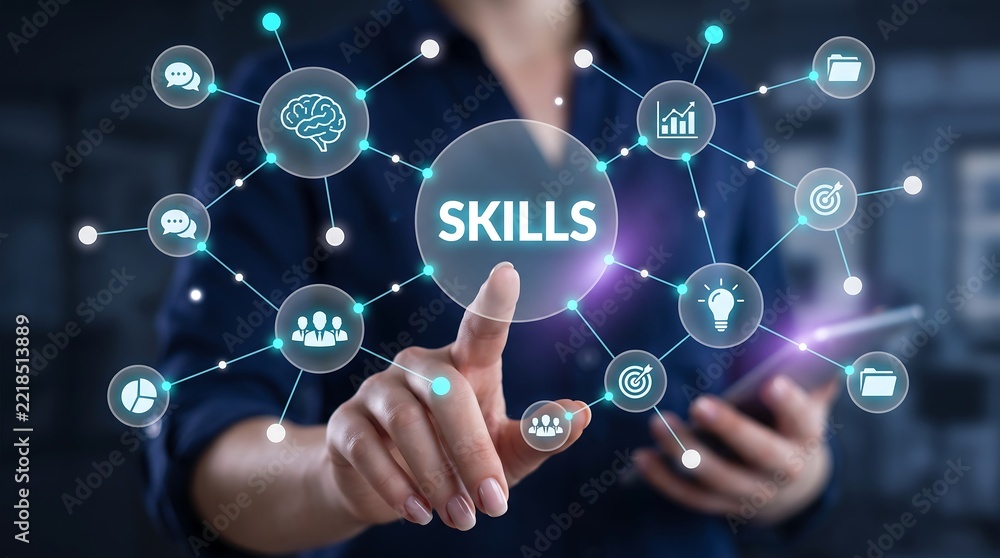 Fototapeta premium Interactive professional skills network visualization featuring interconnected business icons and digital nodes manipulated by professional hand in modern virtual workspace environment