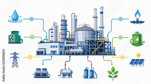Industrial factory with renewable energy and water treatment systems