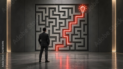 Visionary businessman in a professional suit standing before a large wall maze with a glowing red path leading to a bright light bulb symbol, representing strategic problem solving and innovation.