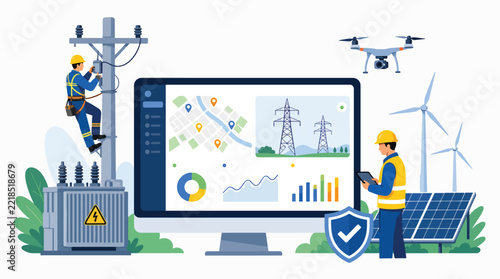 Renewable energy management system with workers and drone monitoring