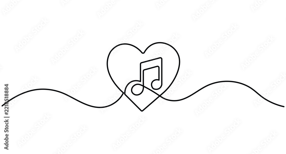 Obraz premium Music heart continuous line art with musical notes and editable stroke minimalist vector illustration