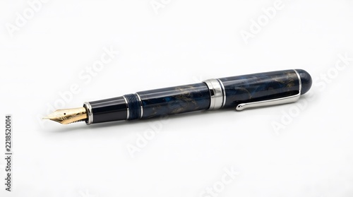 Elegant blue marble fountain pen with gold nib isolated on a clean