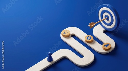 Business strategy pathway leading to target success with icons for idea execution growth and launch