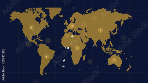 Golden world map graphic featuring international flight routes and destinations