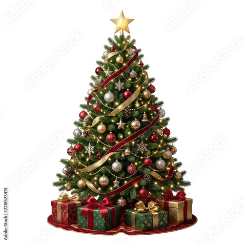 Christmas tree with red and gold ribbons, ornaments, and gifts isolated on transparent background