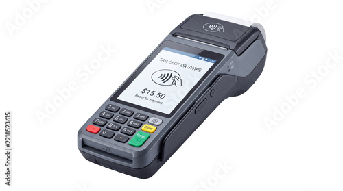 Wireless mobile POS card payment terminal with contactless symbol isolated on white background