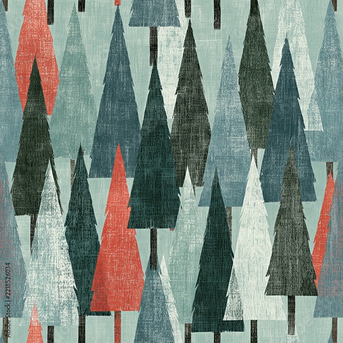 Abstract Geometric Forest Pattern with Stylized Pine Trees in Muted Blue Green and Coral Tones