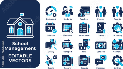 School management system vector icon set with editable strokes for education platform design