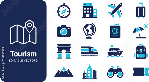 Travel and Tourism Vector Icon Set Featuring Vacation Transport Sightseeing and Hotel Symbols