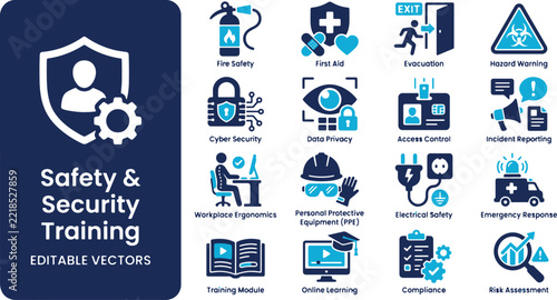 Corporate Safety and Security Training Vector Icons Set for Business Compliance and Workplace Education