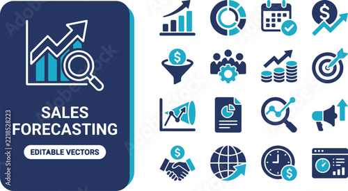 Business growth and market analytics icon set for financial prediction data analysis and revenue management
