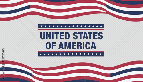 Patriotic graphic featuring United States of America text between star lines with wavy American flag motifs on the borders.