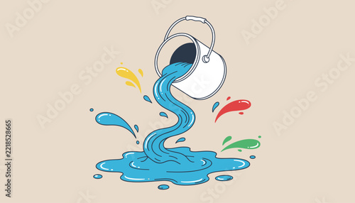 Creative illustration of a white paint bucket pouring a stream of blue paint with vibrant splashes in various colors around.