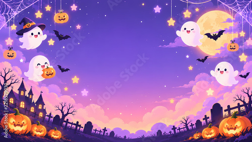Cute pastel Halloween background with floating ghosts and stars, kawaii style, soft colors.