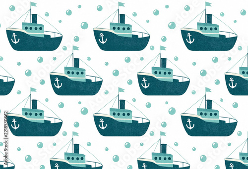 Tiny ships float gently across the sea