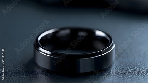 A sleek black ring with polished metallic edges rests on a dark textured surface under soft lighting