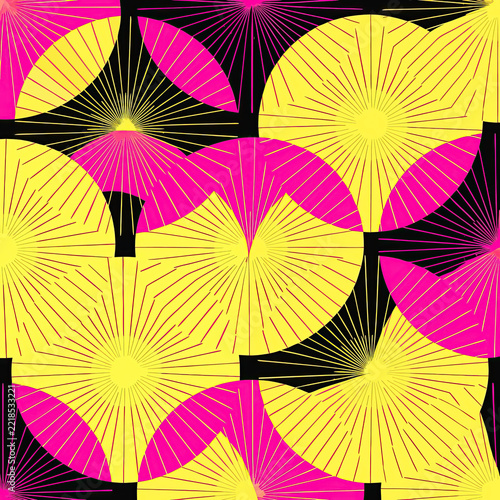 Pop Art Floral Sunburst Seamless Pattern. A vibrant repeating pattern combining yellow sunburst and pink floral motifs on black, perfect for retro fashion prints and bold graphic design.